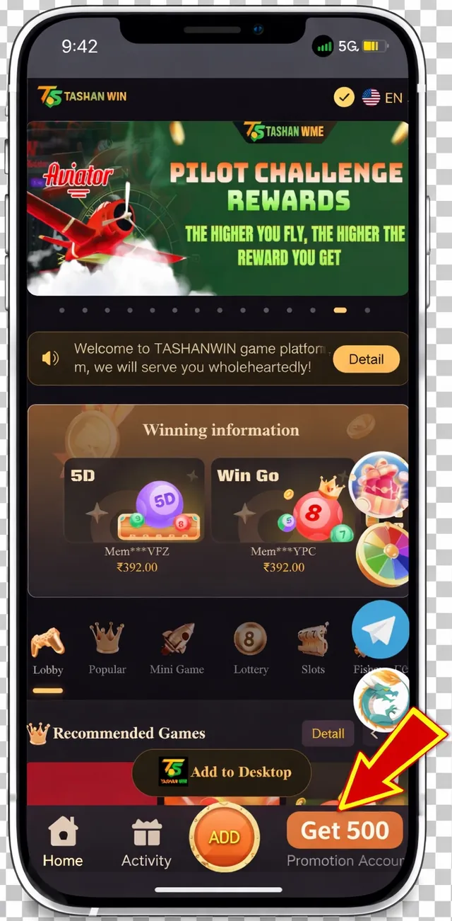 Tashanwin app home screen showing Aviator promotion and game categories