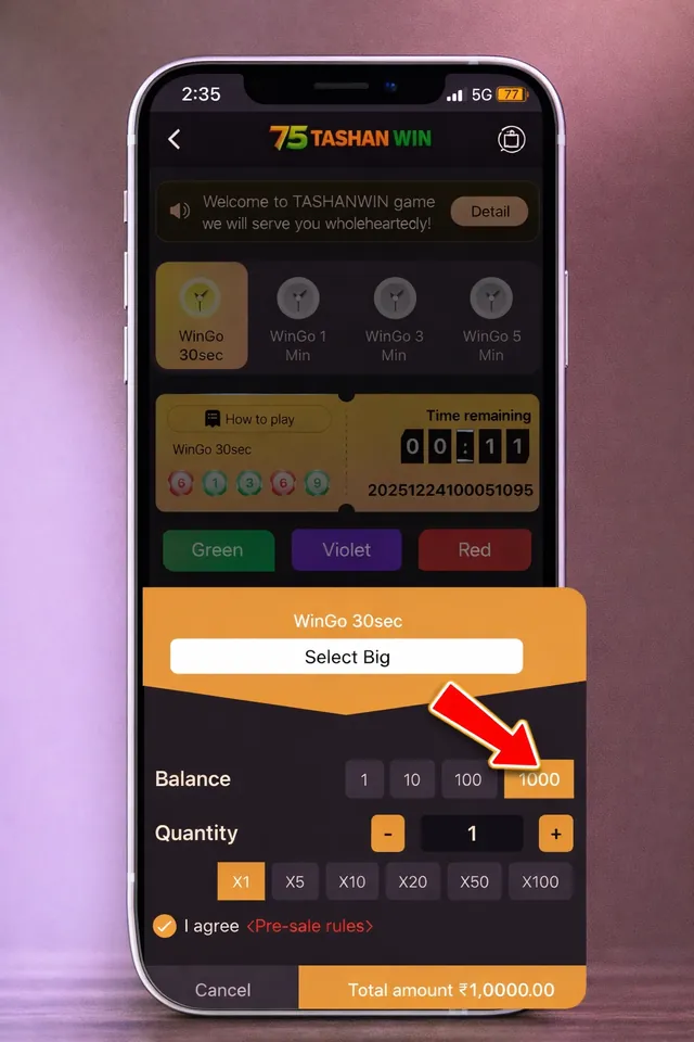 Tashanwin Win Go colour prediction game screen